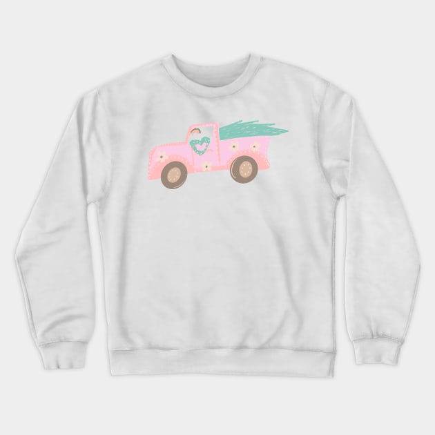 Cute Christmas Truck Pastel Pink Crewneck Sweatshirt by Dreambigdigitaldesigns